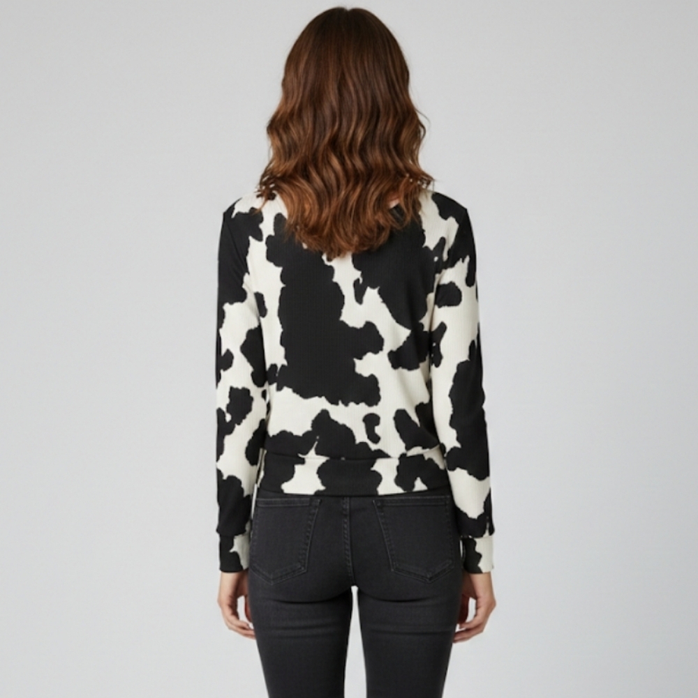 Ivory Black Cow Print Ribbed Crop Top Alter’d State Size S NWT Tie Front Western - Picture 2 of 5